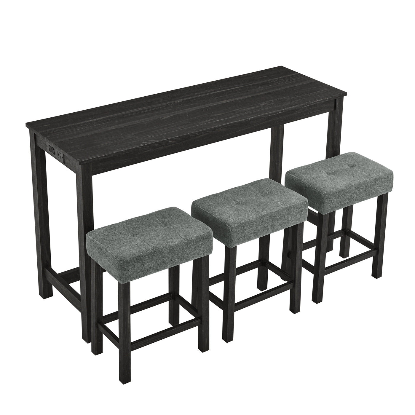 59 Inch Bar Table, Dining Table, Sofa Table with Power Outlet, 3 Upholstered Stools, 4 Piece Bar Table and Chair Set for Living Room, Dining Room, Kitchen Dweva