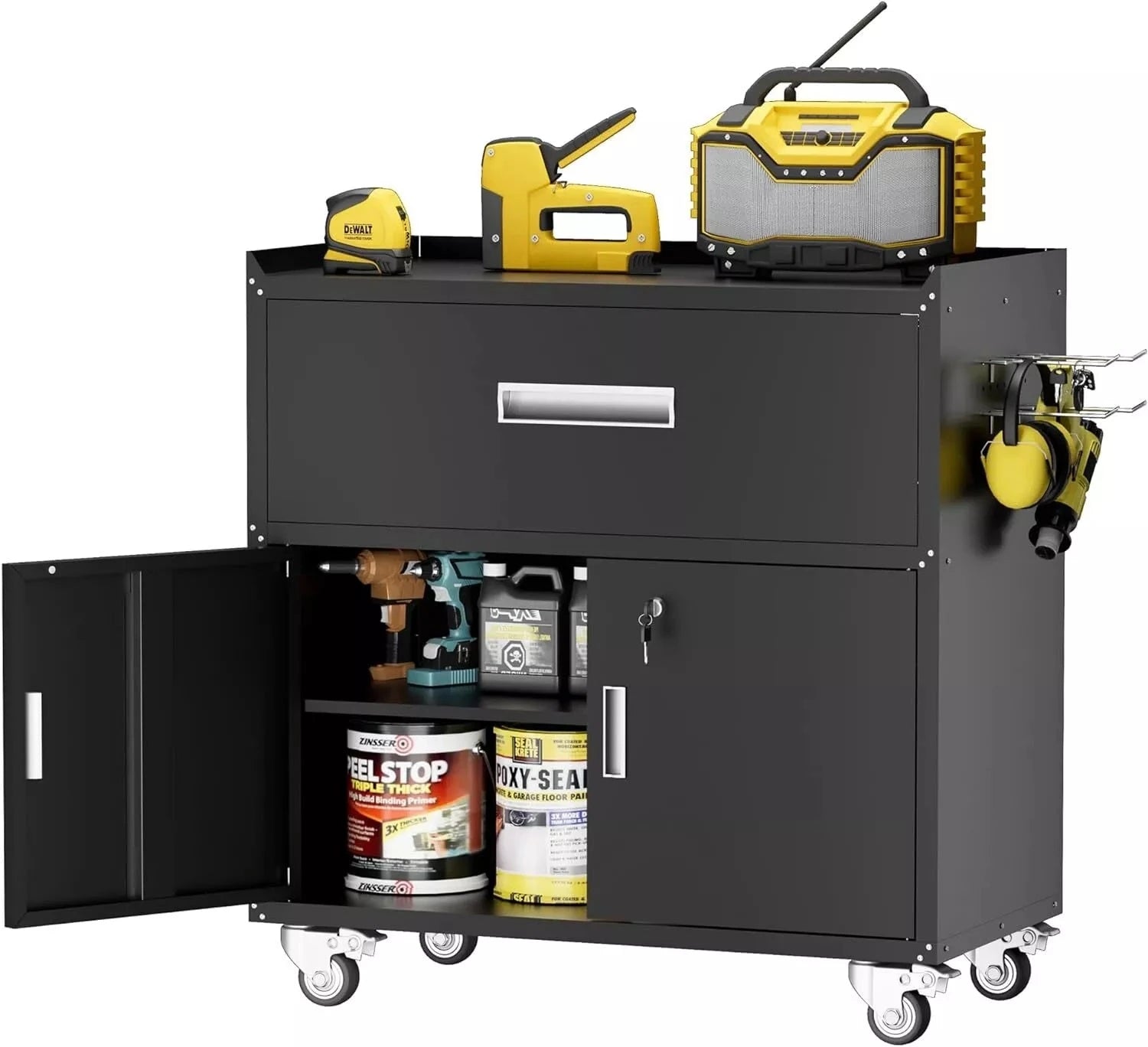 Metal garage cabinets, rolling tool cart boxes with wheels (black) Dweva