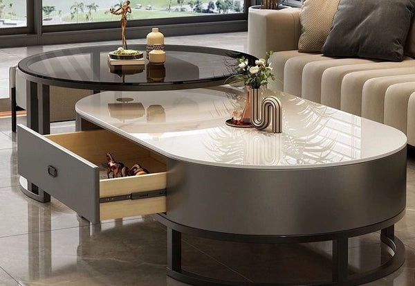 living room double recessed table with storage space solution