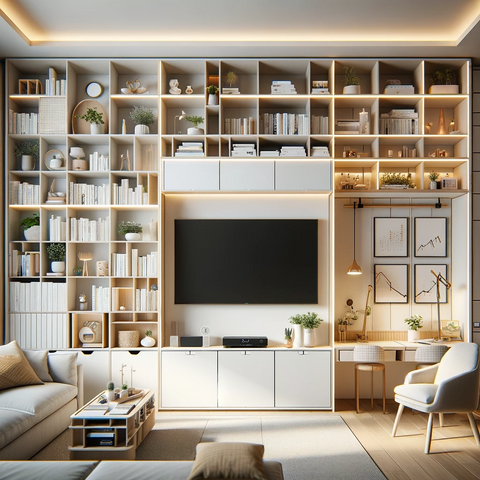 A rectangular living room with wall-mounted shelves and cabinets