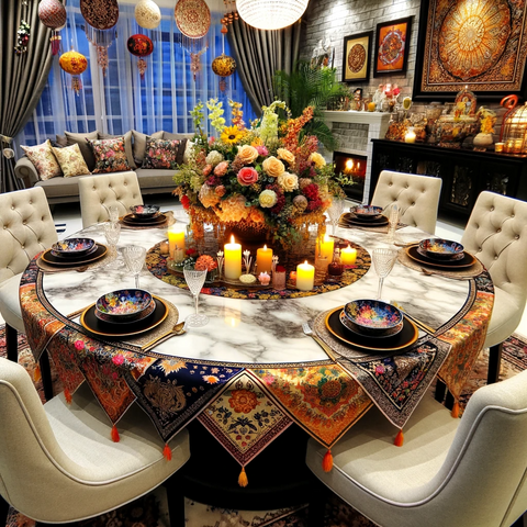 A well-polished round marble dining table set for a Malaysian festivity, adorned with a colorful batik tablecloth, floral arrangements, and candles, reflecting the cultural richness of Malaysia
