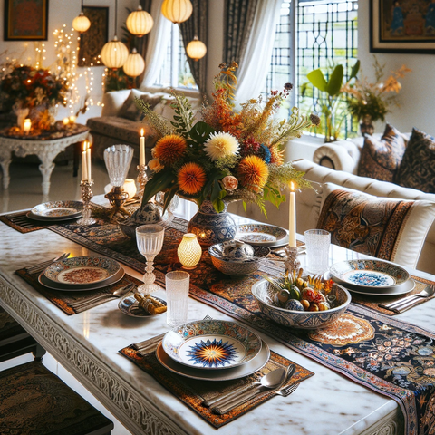 Festive Malaysian dining table setting with batik runner, tropical flowers, and traditional decor, ready for a celebration.