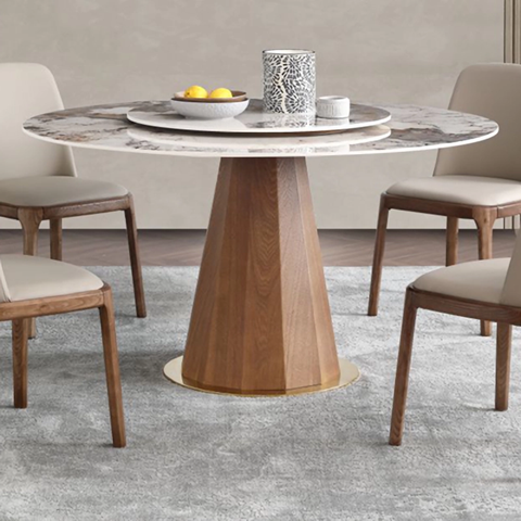 Diamond-shaped solid wood base and double-layer round Pandora slate tabletop dining table