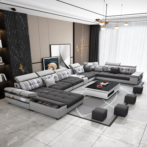 Light gray minimalist wooden sofa covered with black fabric sponge and coffee table in living room
