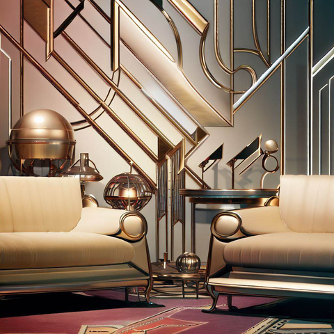 A metal and glass coffee table in an Art Deco style living room, representing the 20th century furniture design