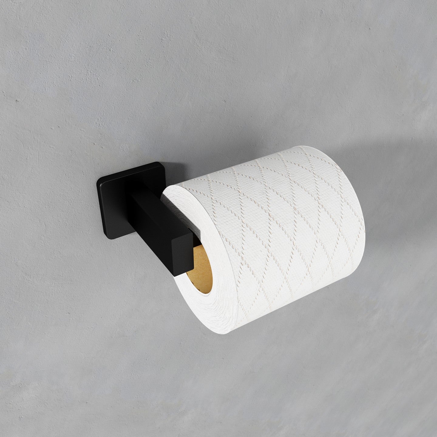 Contemporary black wall-mounted toilet paper holder with a roll of white quilted paper, perfect for modern bathroom aesthetics