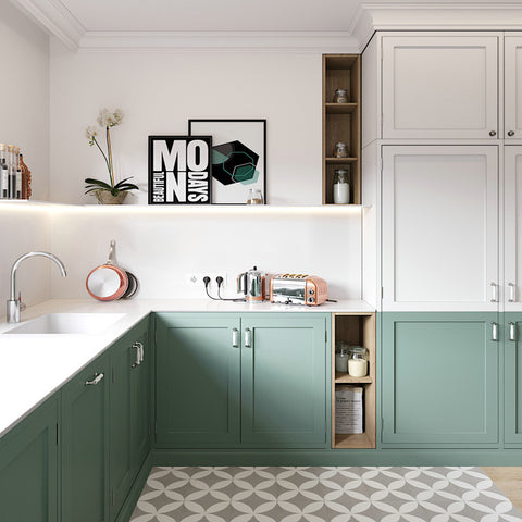 green and white cover kitchen cabinets