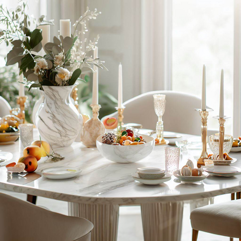 A bright dining room with a white marble dining table and some exquisite tableware and decorations.