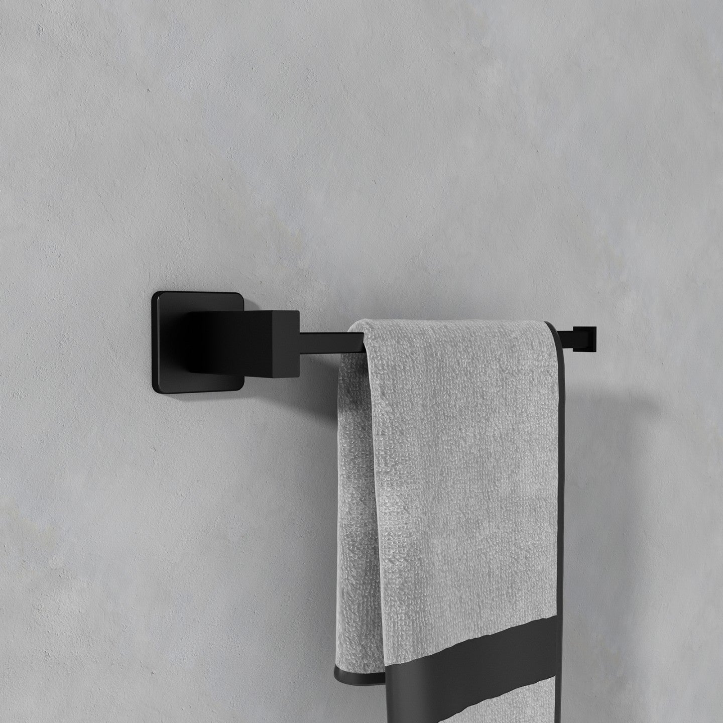 Stylish black bathroom hook showcasing a gray towel with a contemporary design, ideal for hanging towels and robes with elegance