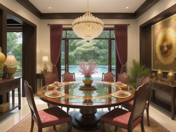 round wooden table with chairs placed in the malaysian homes