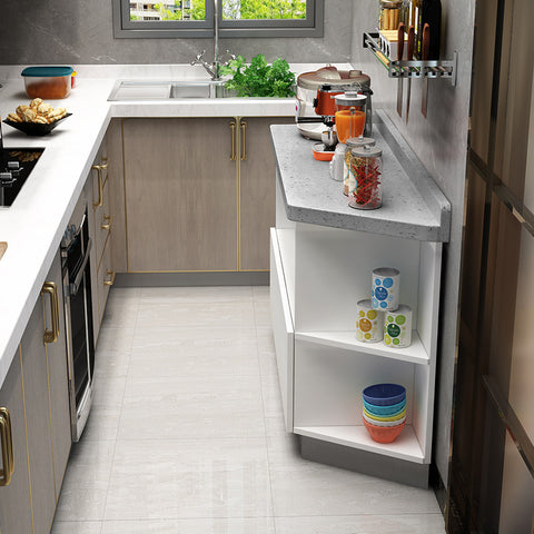 white marble kitchen cabinet with brown cabinet door
