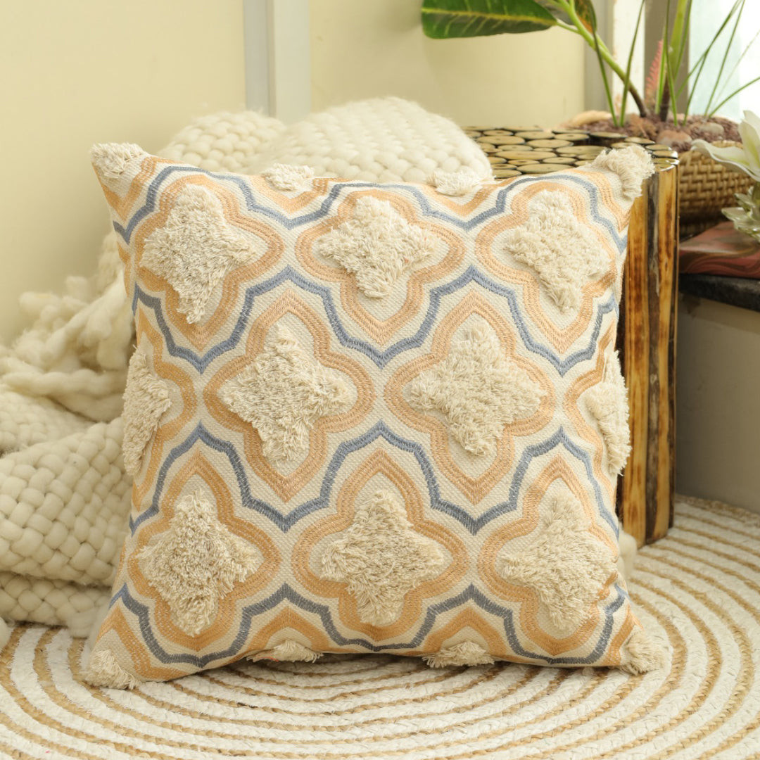 CUSHION COVER 100 % COTTON 16x16 Inches , BEIGE/MULTI COLOR