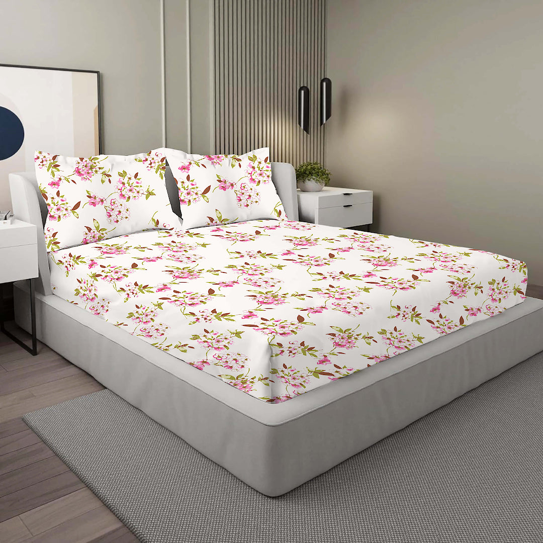 AURA 100% Cotton CVC King Size Bedsheet, 800 TC,OFFWHITWE/OINK