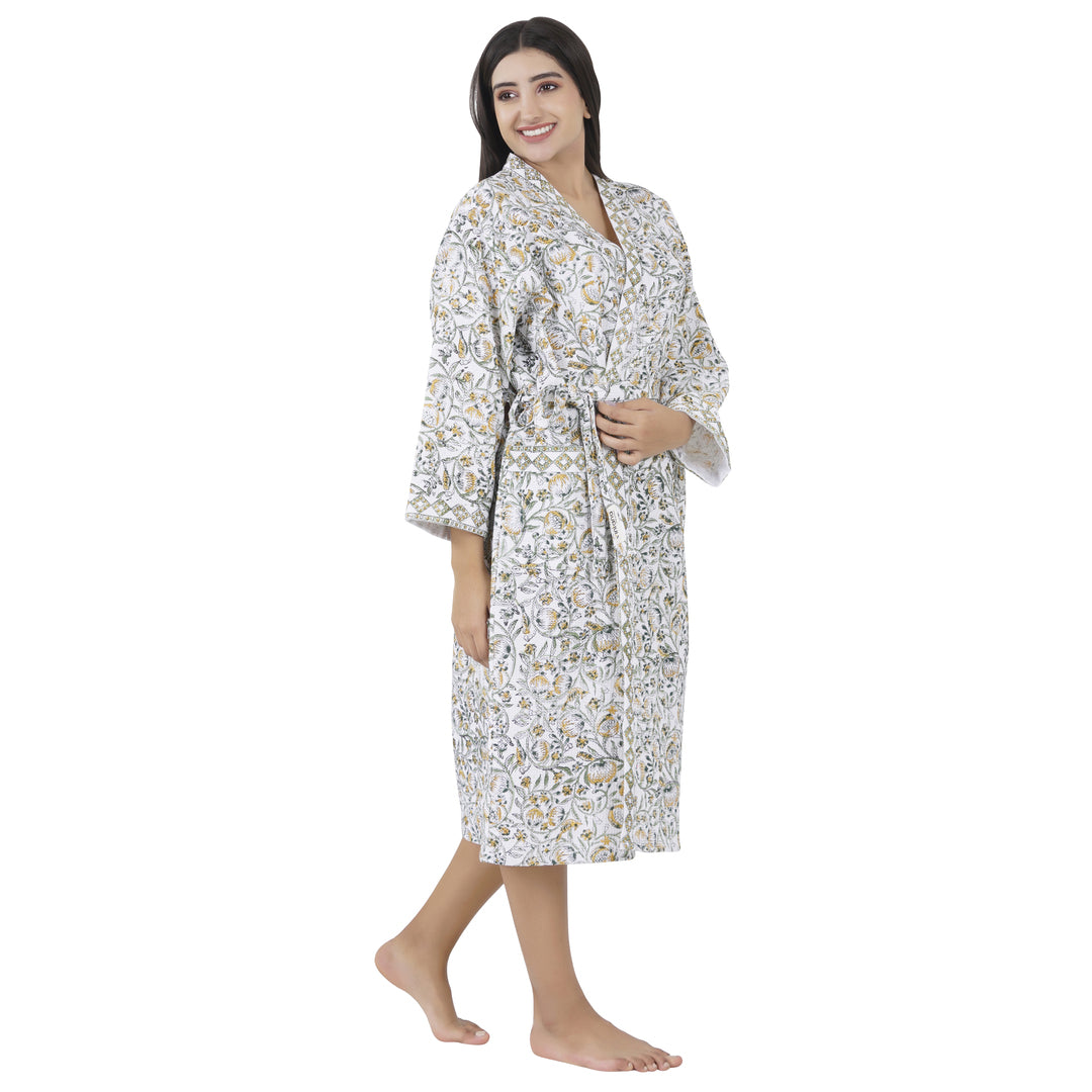 Elegance 100% Cotton BATH ROBE, FLORAL WHITE / BLUE