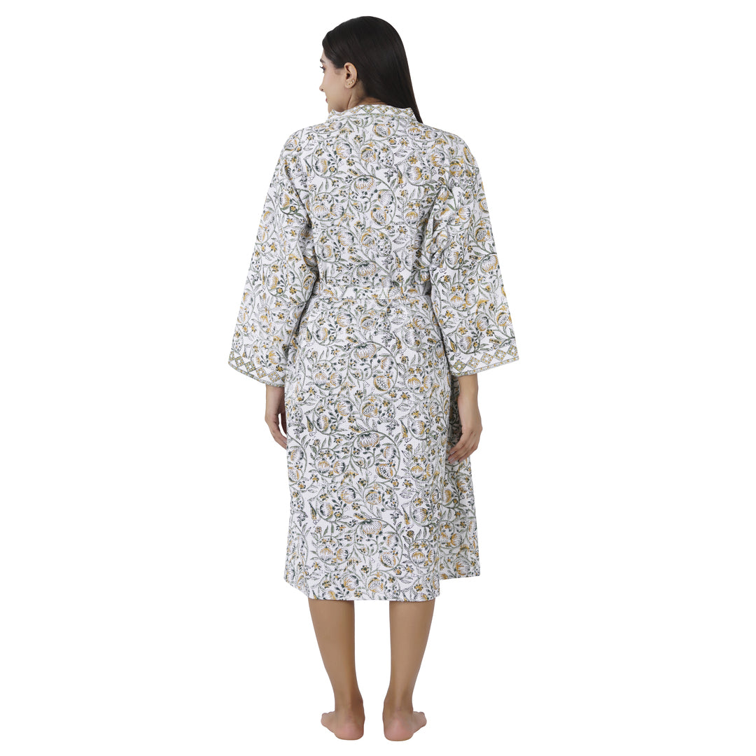 Elegance 100% Cotton BATH ROBE, FLORAL WHITE / BLUE