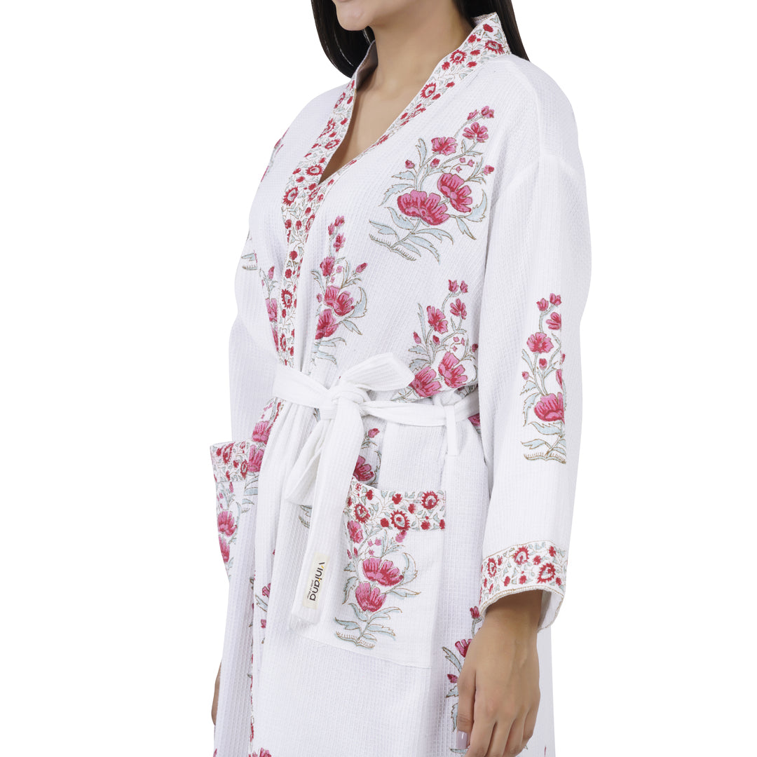 Elegance 100% Cotton BATH ROBE, FLORAL WHITE / GREEN