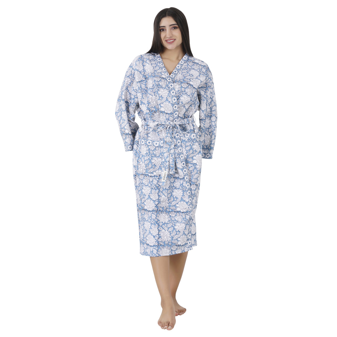 Elegance 100% Cotton BATH ROBE FLORAL, GREEN