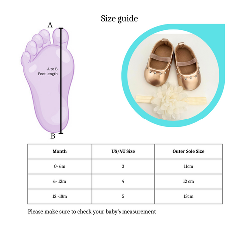 Bronze Color Pre-walker Shoes with headband size guide