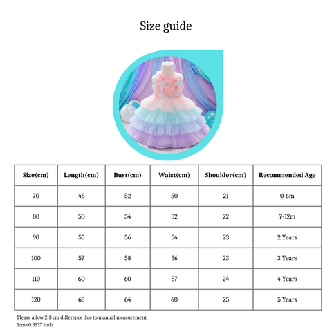 Colorful Rainbow Children Twirl Puffy Princess size guide