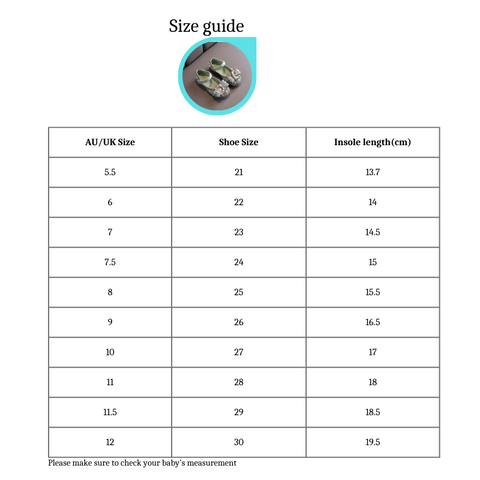 Princess Shoes-Mint Green size guide