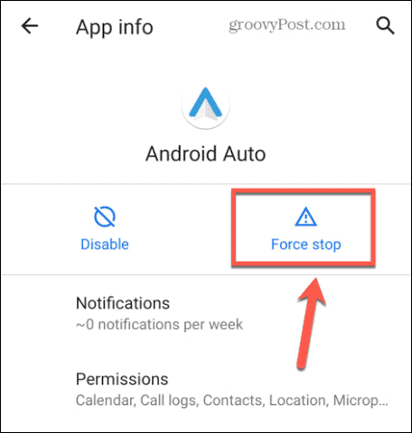 forcer arrêt android auto