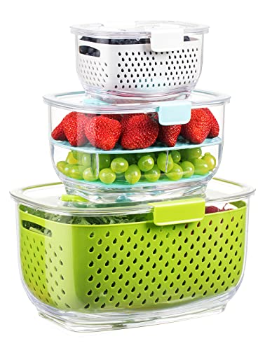 LUXEAR 4 Pack Fruit Containers for Fridge, Vegetable Storage Container with  Lids &Removable Colander Produce Saver Organizer for Refrigerator Keep
