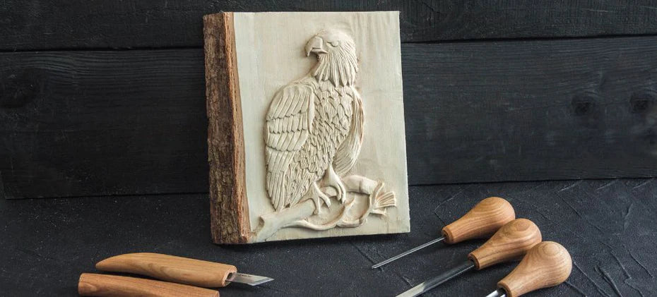 relief carved eagle with carving tools