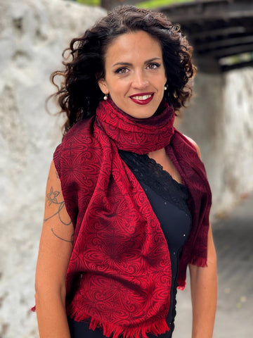 Red ceo scarf showing fringe