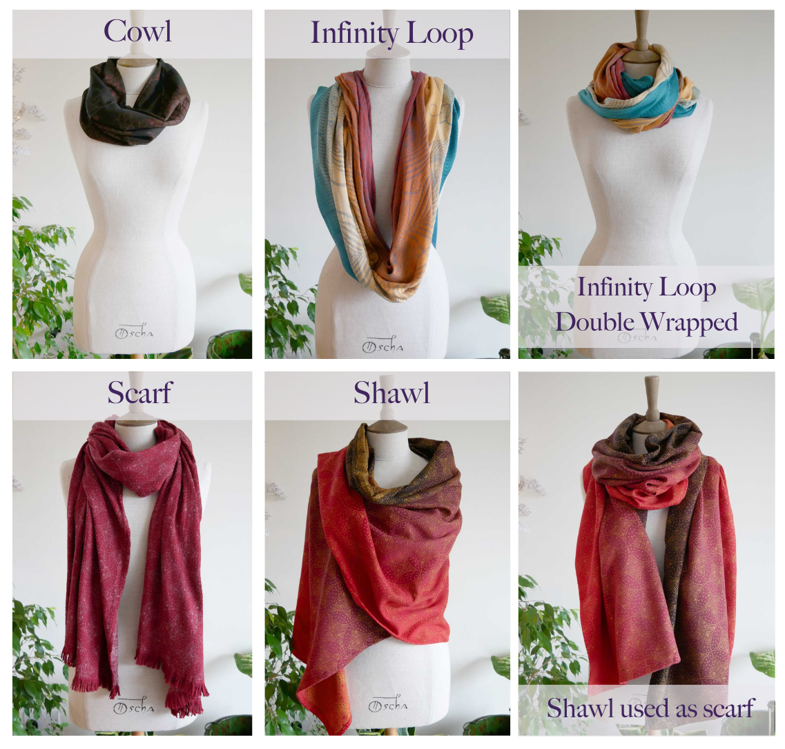 comparison of light and medium weight Oscha scarves and also wrap fabric shawls