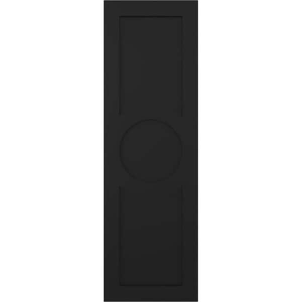 True Fit 15 in. x 74 in. PVC Center Circle Arts and Crafts Fixed Mount Flat Panel Shutters Pair in Black