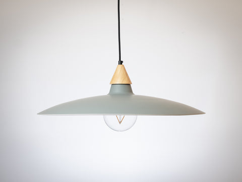 60cm Grey Curved Metal Pendant with Wooden Cone Lamp Holder