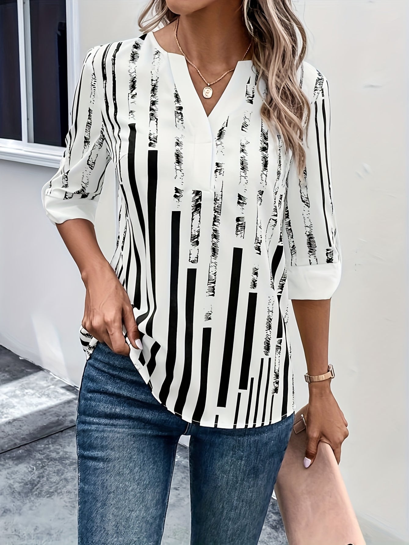 Stripe Print Notch Neck Blouse, Casual Three-quarter Sleeve Blouse