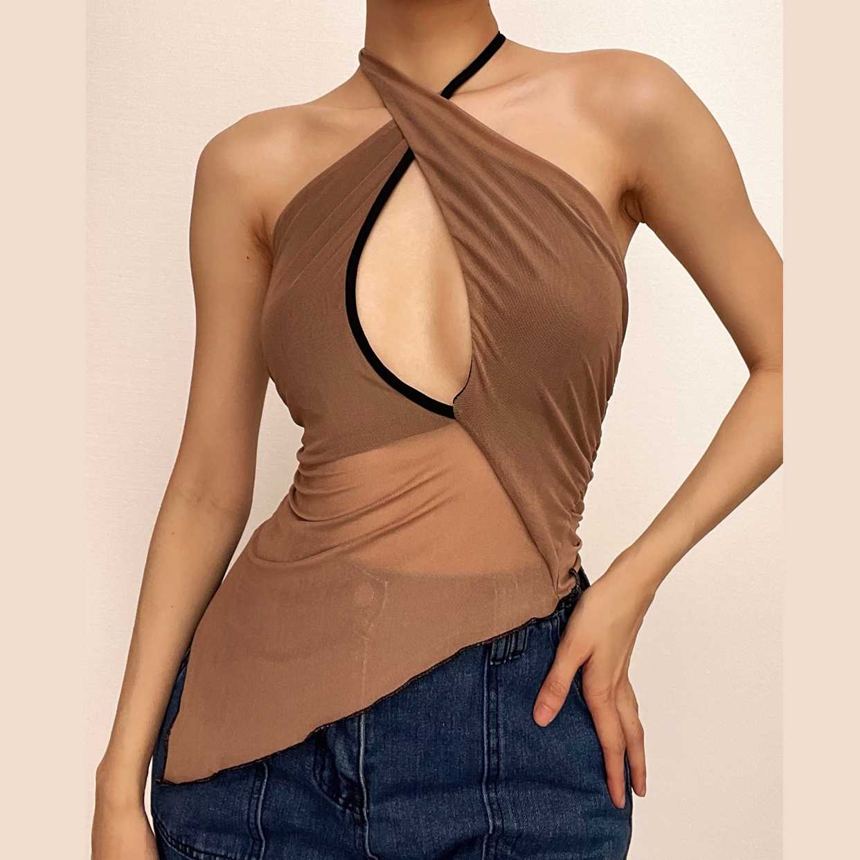 Aimays Party Outfits Summer Vacation Sexy Clothing Mesh irregular contrast halter self tie backless ruched crop top