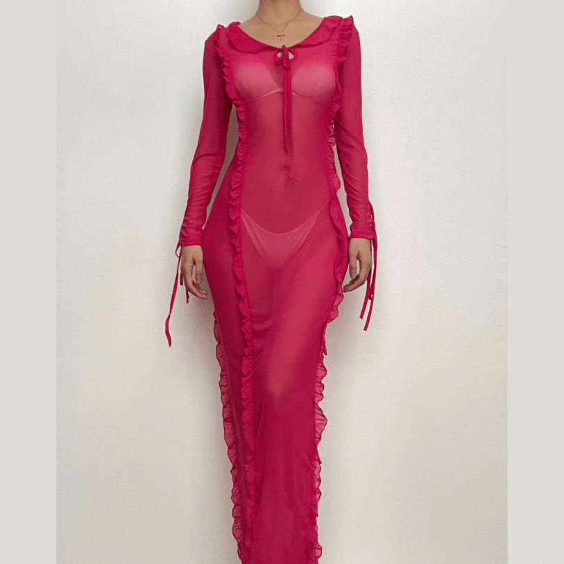 Aimays Party Outfits Summer Vacation Sexy Clothing Ruffle turtle neck sheer mesh see through long sleeve maxi dress