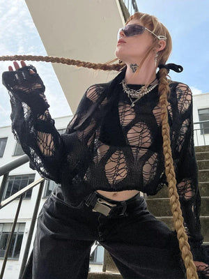 Aimays-Fall Outfits - Black Hollow Out Long Sleeve T Shirts Spring Oversized See Through Green Y2K Vintage Sexy Crop Tops Casual Knitted 90s Tee - Aimays