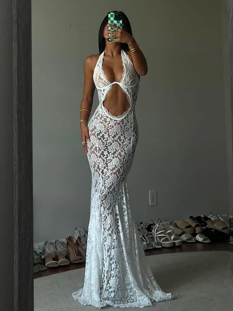 Aimays White Lace Printed Maxi Dress For Women Summer Sexy Backless See-Through Patchwork Beach Fashion Dress Female Long Dress