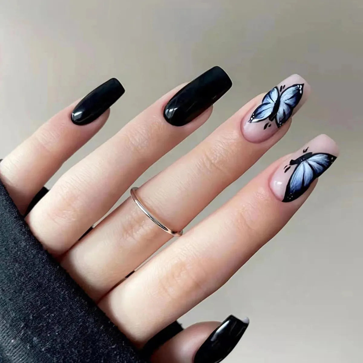 Aimays-Press on Nails Short Black Butterfly Fake Nails with Glue, Acrylic Ballet French adhesive tape on Nails Spring Summer Design