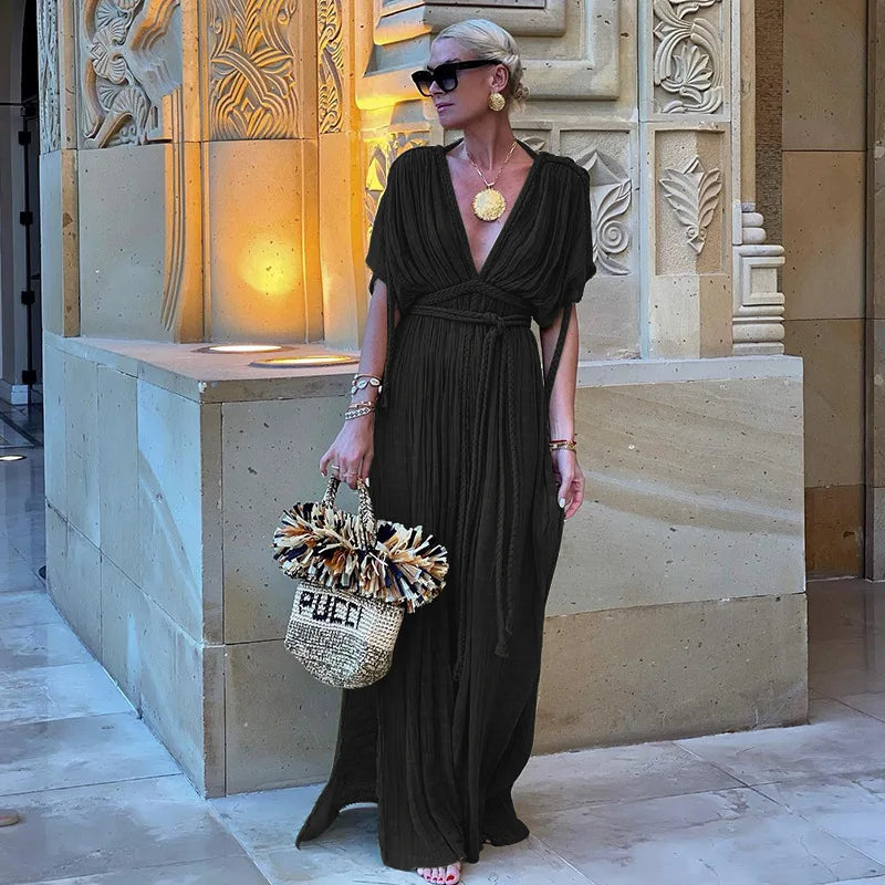 AIMAYS-Black Bohemia Holiday Dress Women Elegant Solid Casual Loose Long Dresses Summer Sexy Split Backless Maxi Beach Dress 2024 New