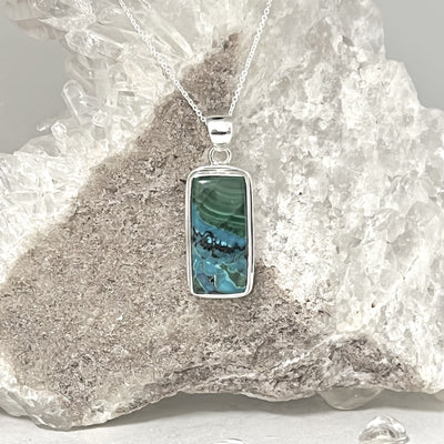 Azurite and Malachite Rectangle Sterling Silver Pendant with Chain