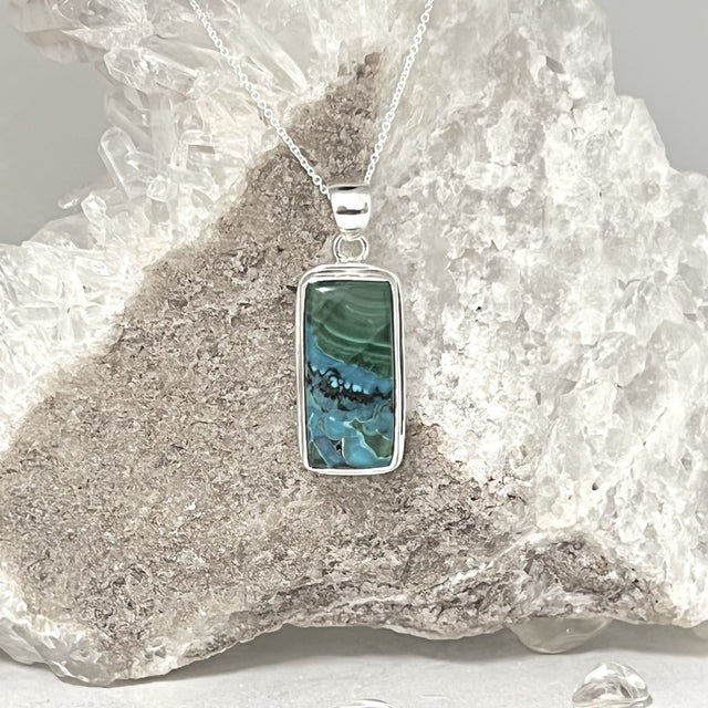 Product Image of Azurite and Malachite Rectangle Sterling Silver Pendant with Chain #1