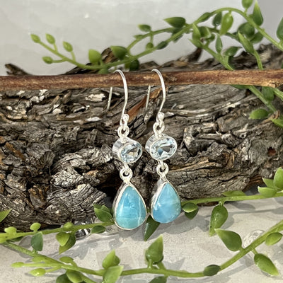 Larimar and Blue Topaz Oval and Teardrop Two-Tier Sterling Silver Earrings