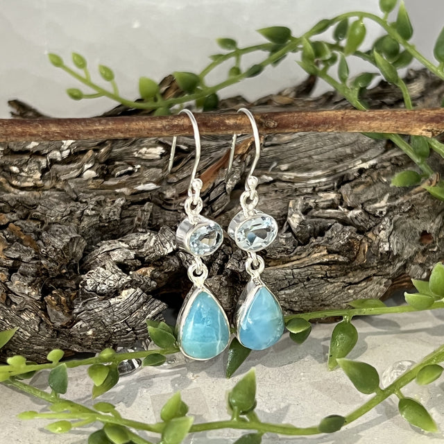 Product Image of Larimar and Blue Topaz Oval and Teardrop Two-Tier Sterling Silver Earrings #1