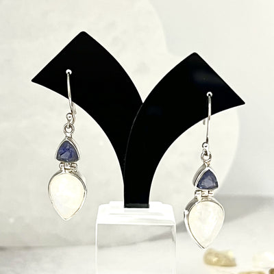 Moonstone and Iolite Triangle and Reverse Teardrop Sterling Silver Earrings