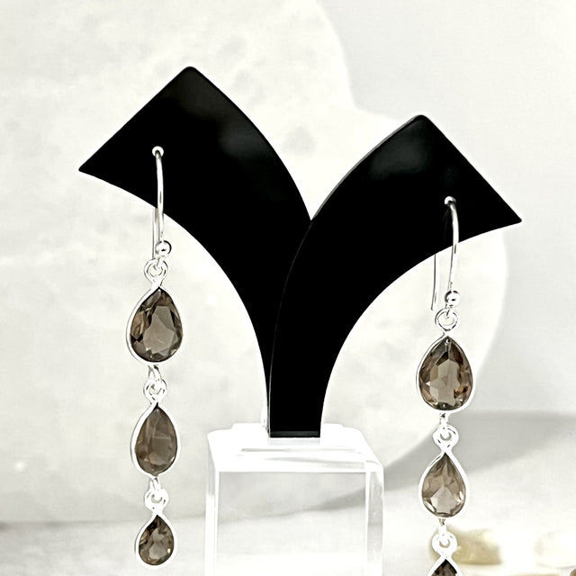 Product Image of Smokey Quartz 3 Tier Teardrop Sterling Silver Earrings #1