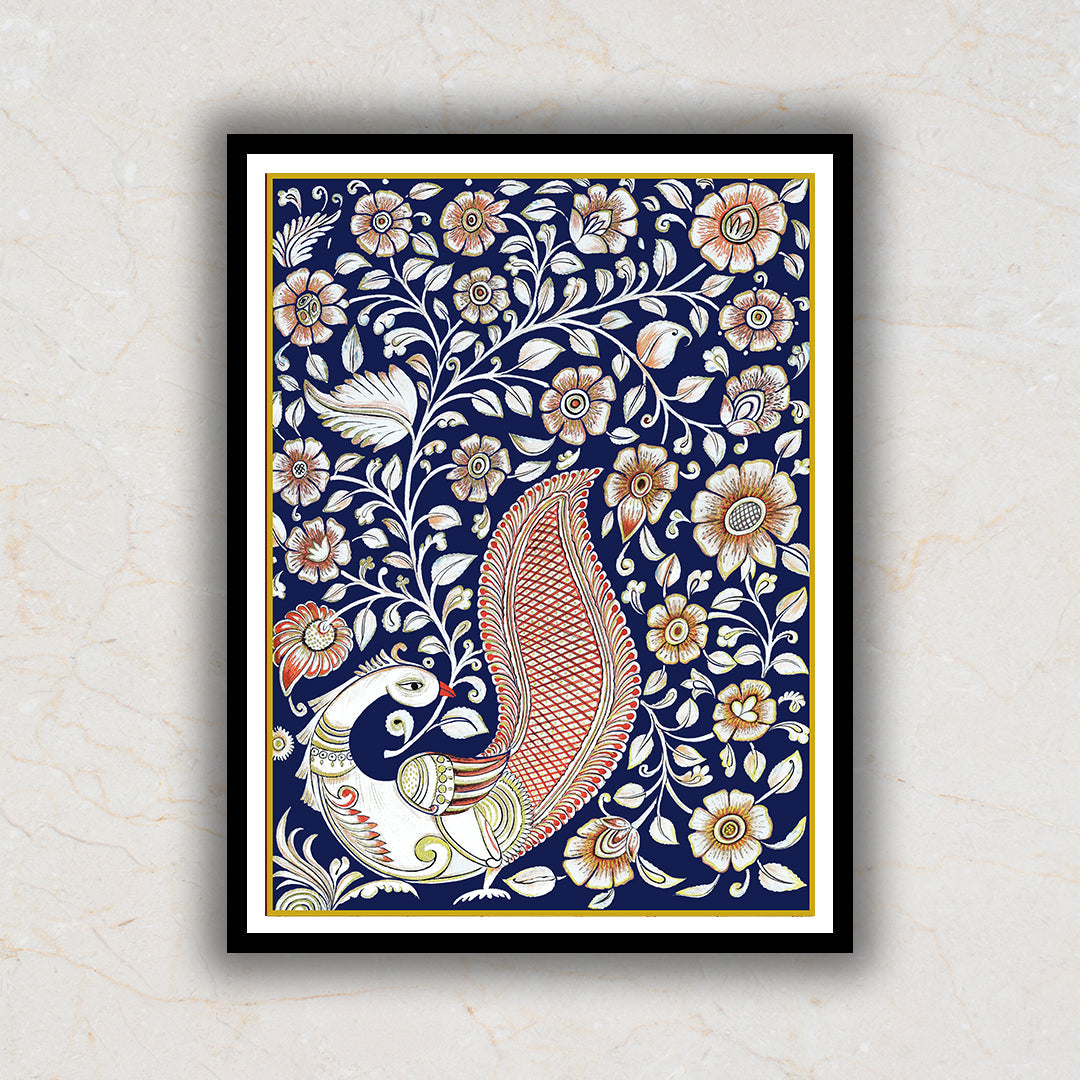 Royal Blue Peacock Kalamkari Artwork Painting For Home Wall Decor ...