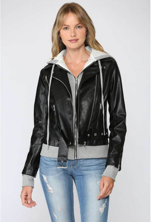 Fate Faux Leather Jacket with Knit Hoodie