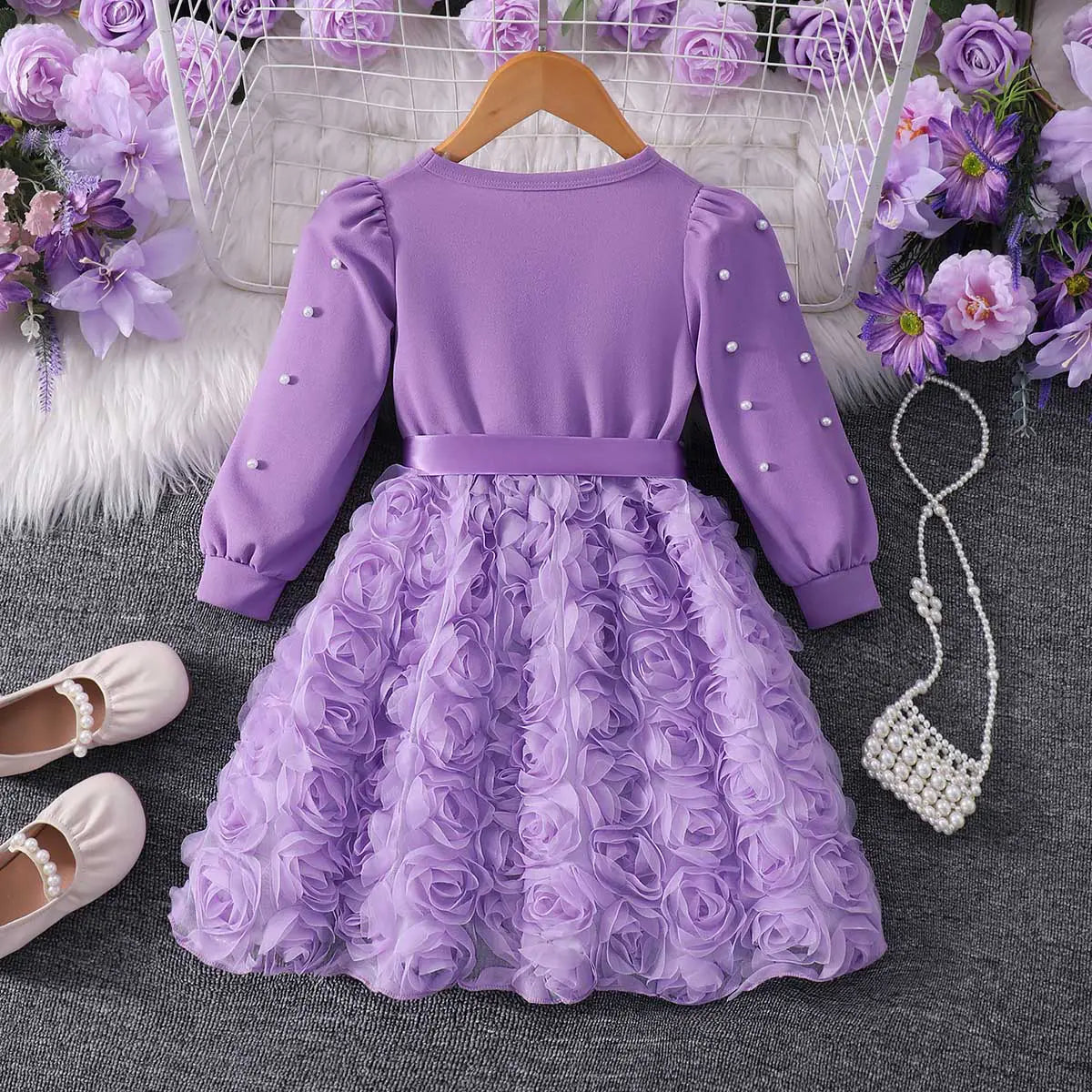 Girls Purple Rose Applique Tulle Overlay Fit & Flare Dress Casual Dresses