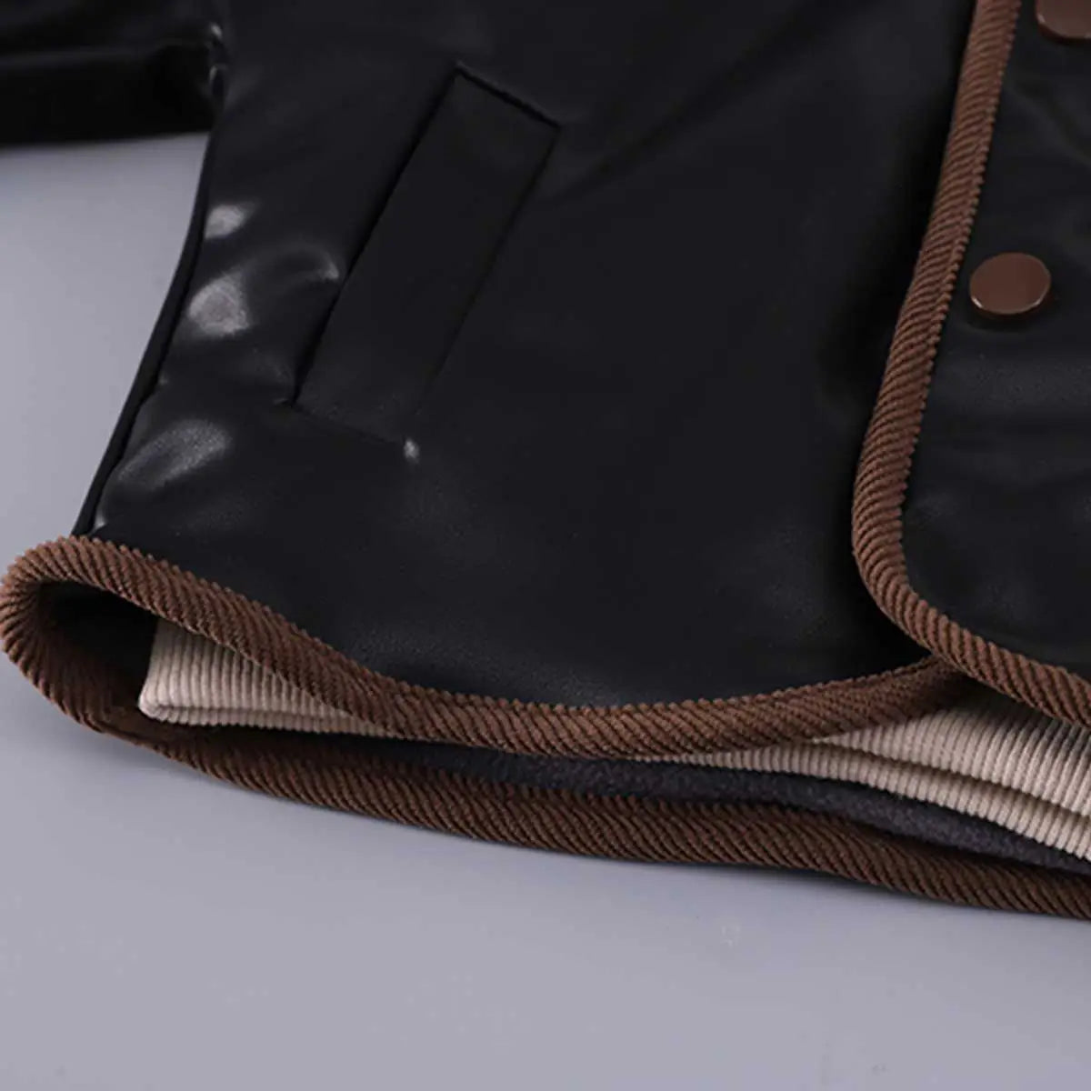 Boys Black Faux Leather Jacket With Striped Hooded Sweatshirt & Jogger Sets Sets