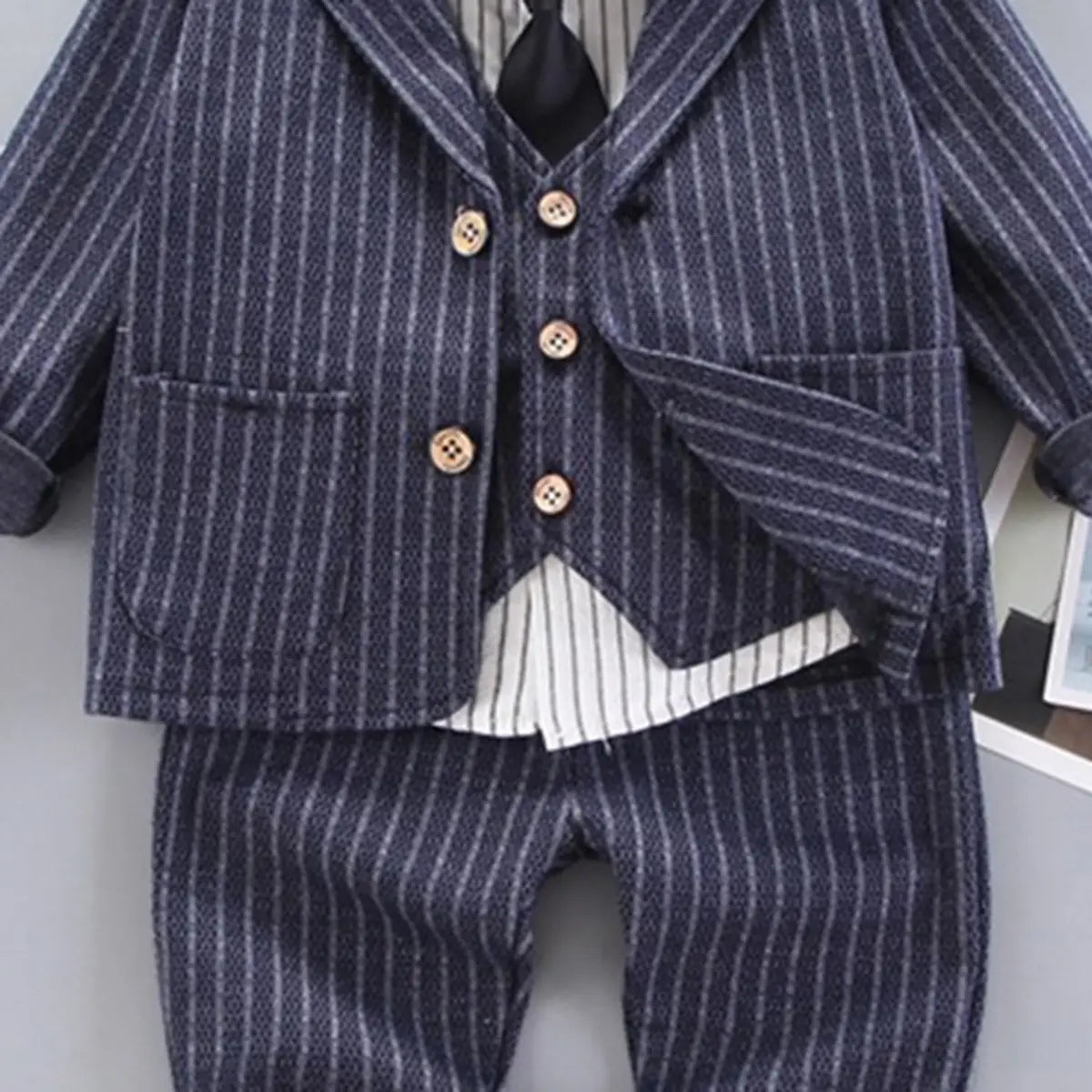 Boys Blue Pin Stripes Five-Piece Suit with Vest and Tie Sets Sets