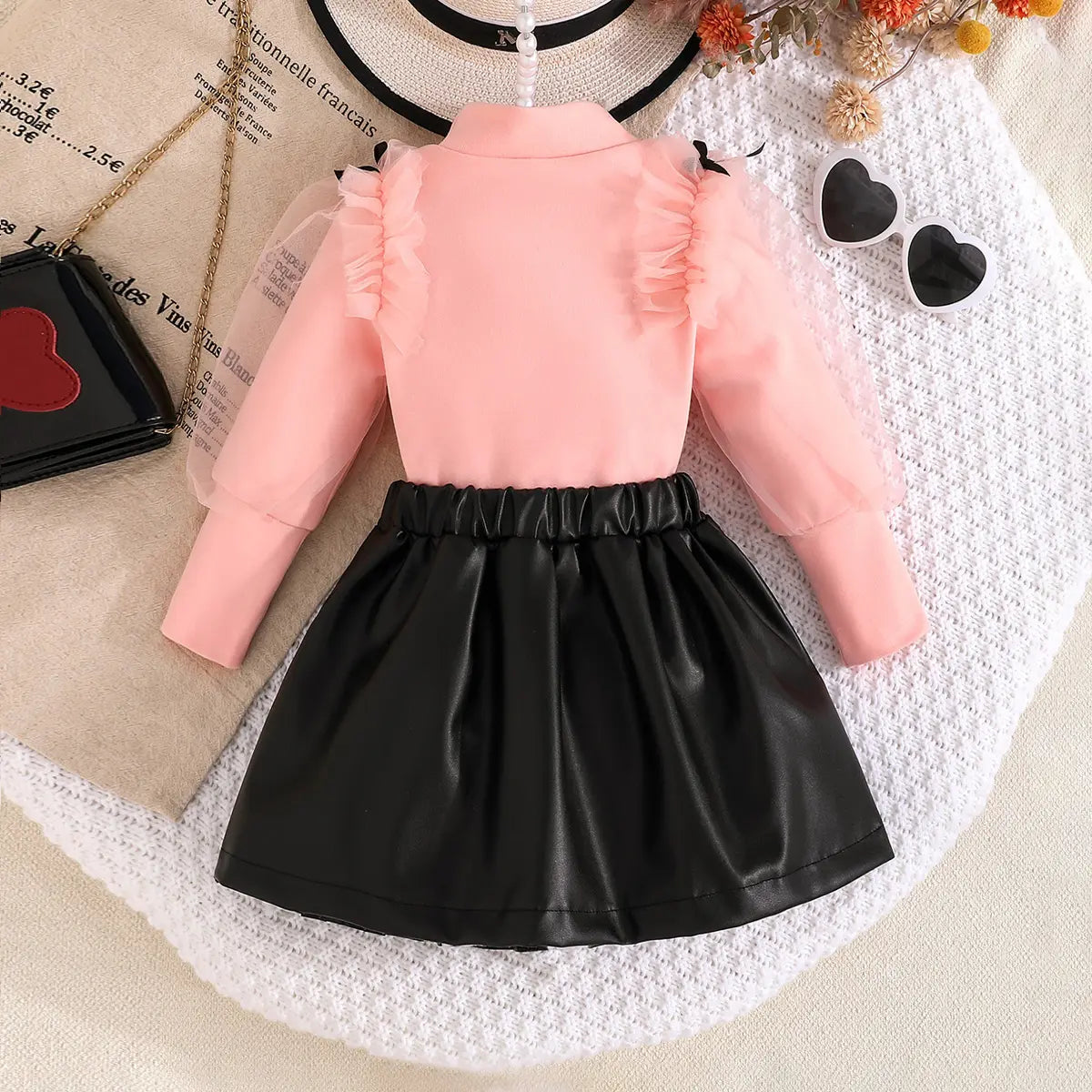 Girls Pink Bow Applique Top With Pleated Skirt Sets Sets